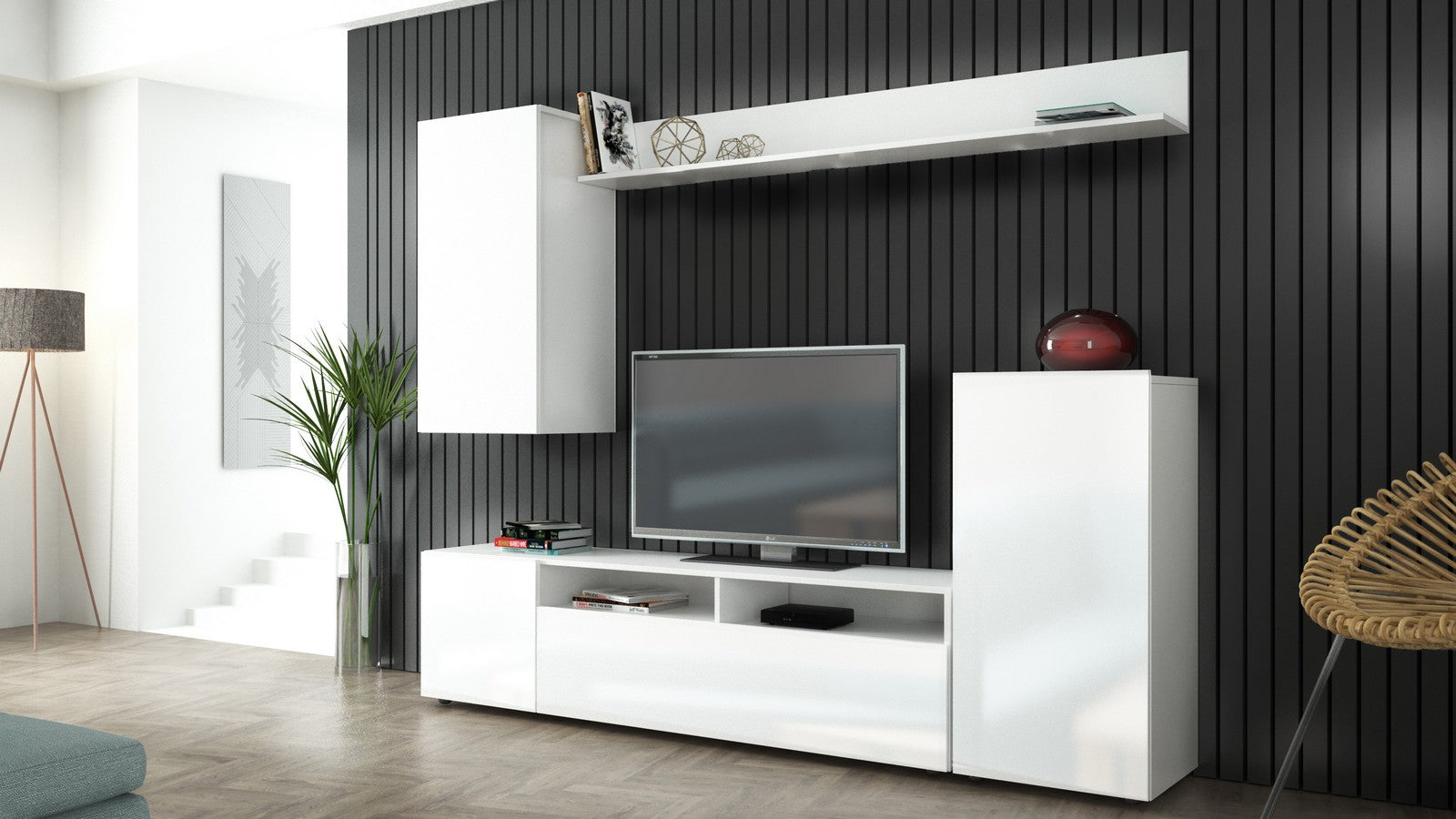 kit parete living bridge 207x170x34 bianco/bianco lucido cod:ferx.886