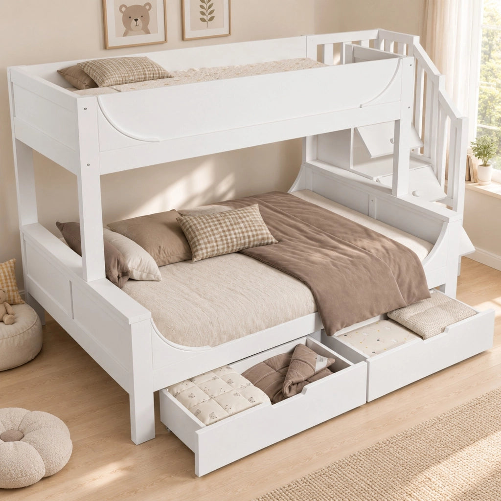Letto a castello ULEVR bianco 90x200 e 140x200 cm con mobile scala e cassetti