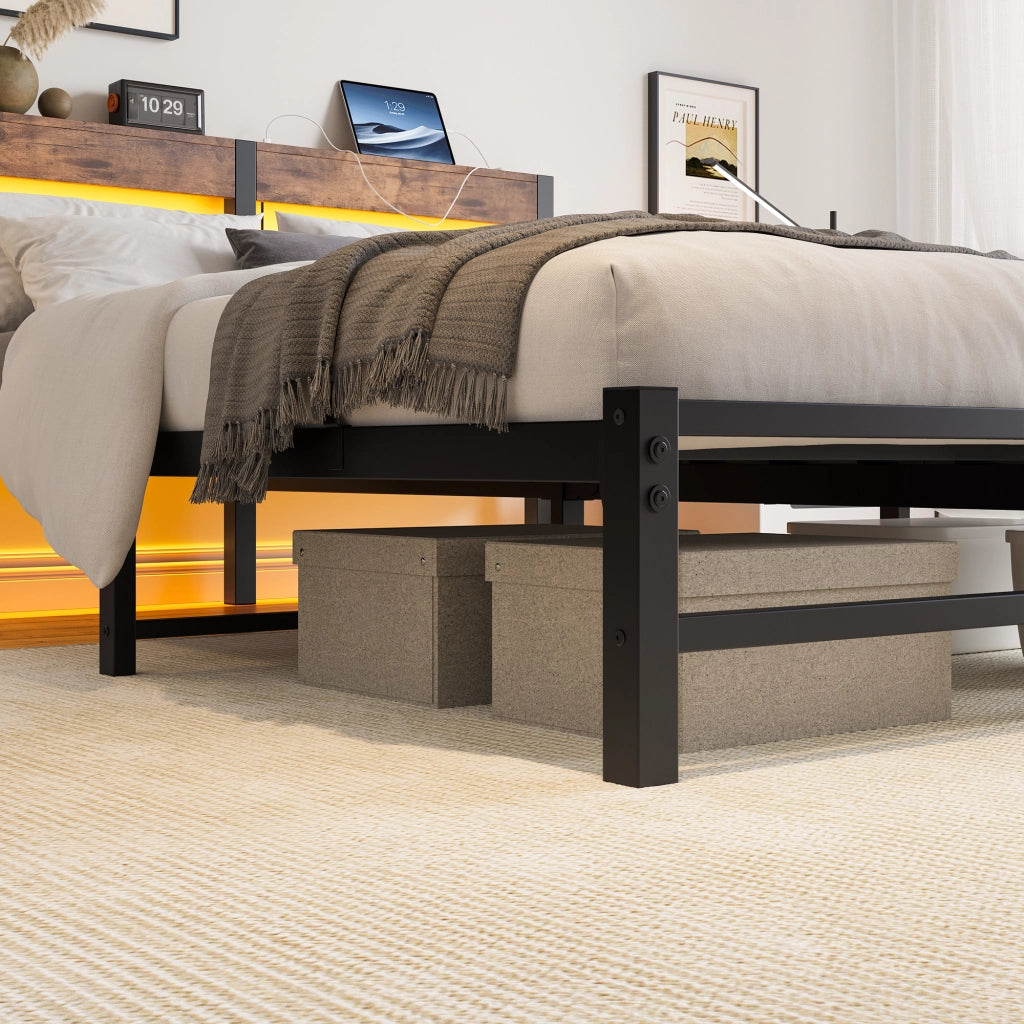 Letto per adulti 140 × 190 cm con LED RGB, 2 porte USB, senza materasso, in metallo e legno, nero marrone