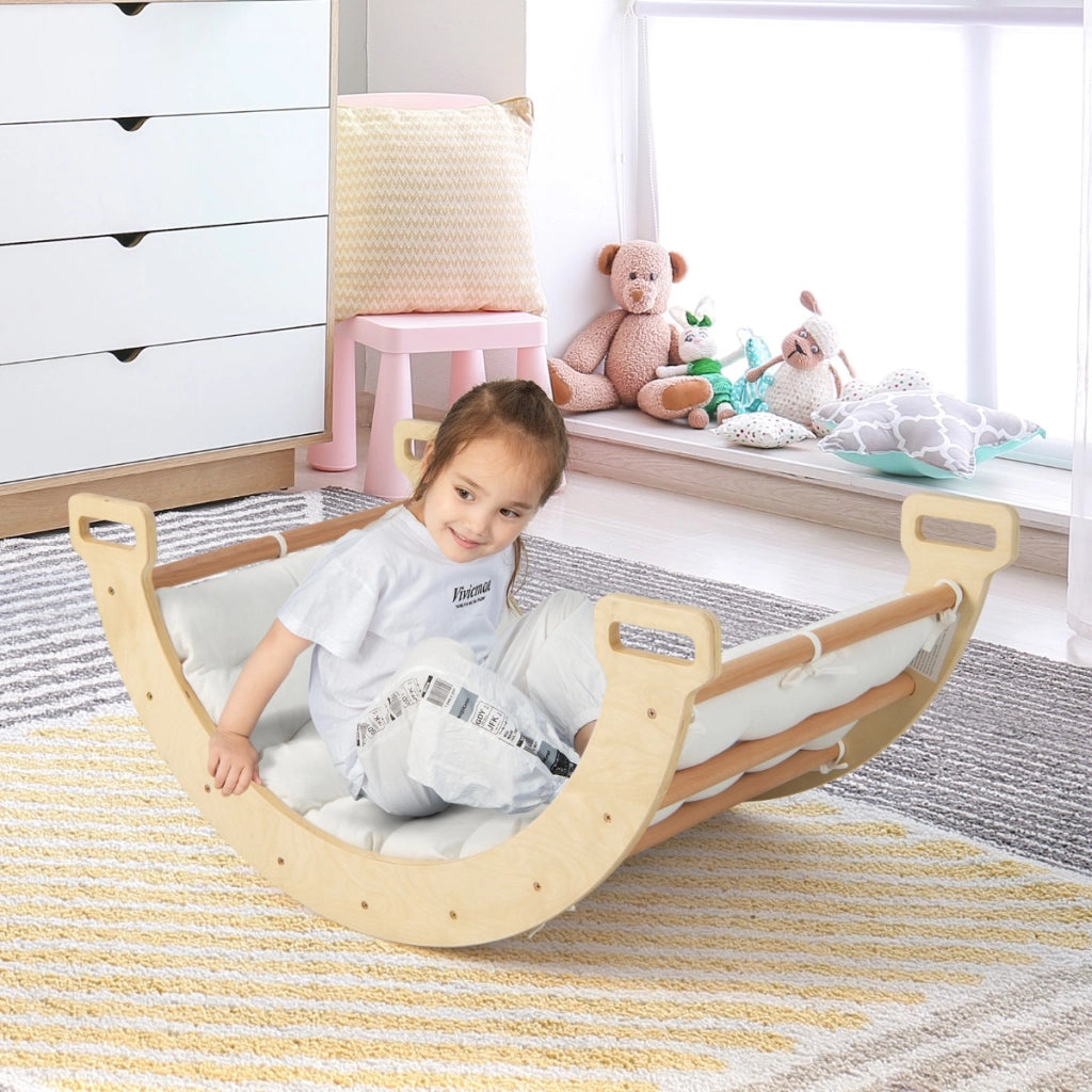 Dondolo ad arco 2 in 1 con morbido cuscino, Arco di arrampicata a doppia faccia per bambini di 1+ anni Naturale-Arrampicate e scivoli