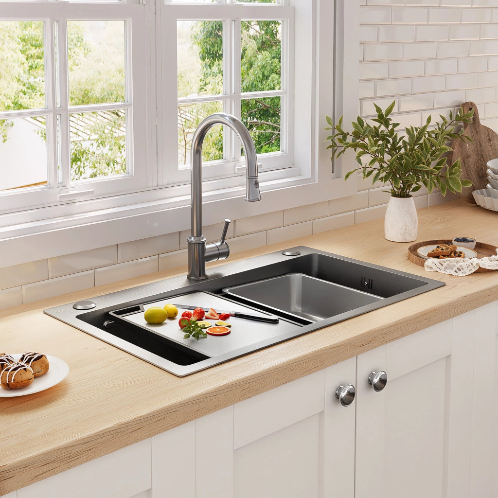 Lavello da cucina da incasso in acciaio inox PVD 75x45 cm con tagliere e doppio filtro