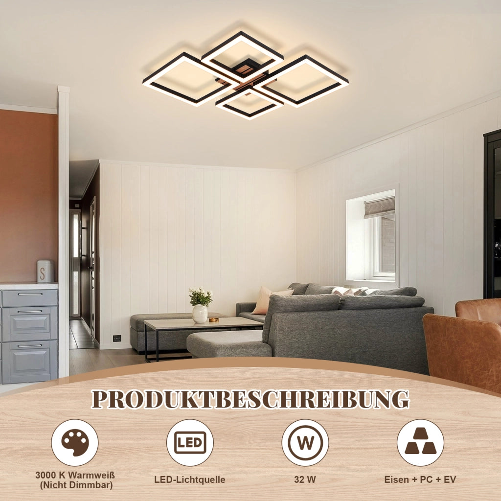 ZMH Plafoniera LED nera 32W design moderno luce bianca calda 3000K forma quadrata per camera da letto soggiorno
