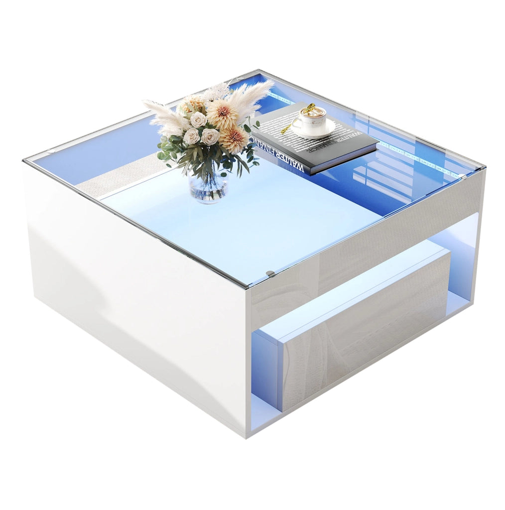 Tavolino da caffè 70x70x35 cm; con LED e piano in vetro temperato; MDF bianco