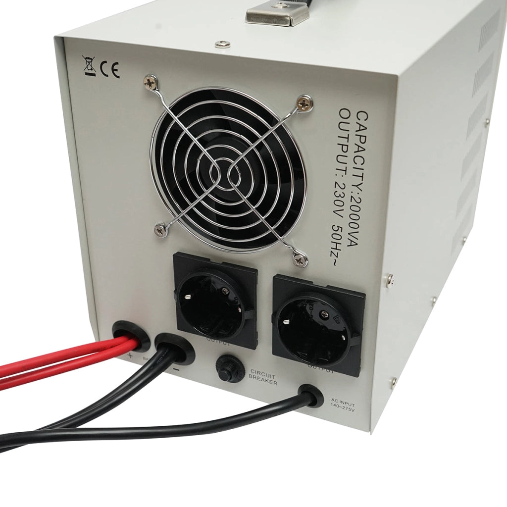 UPS con inverter per riscaldamento centralizzato 1400W/2000VA, onda sinusoidale pura 24V/230V, 2 prese schuko, display LCD, AVR Breckner Germany