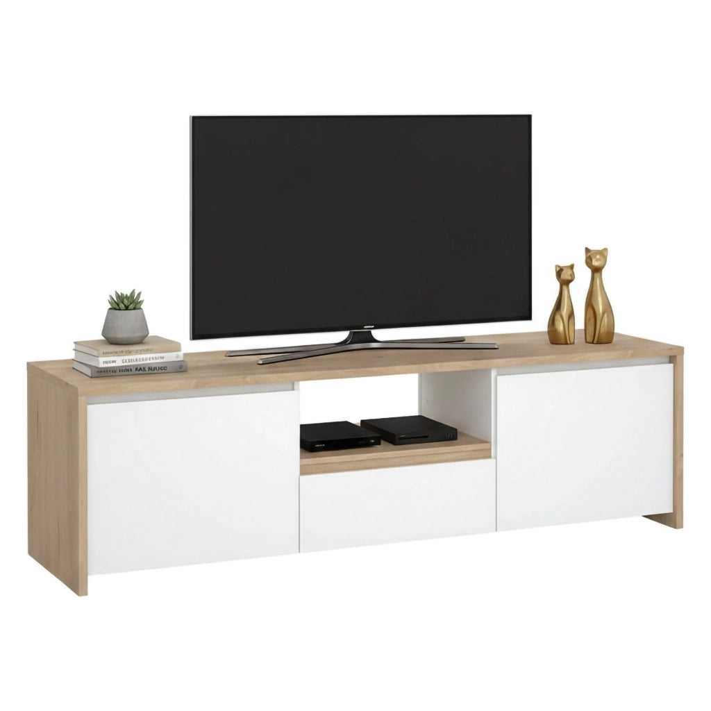 Mobile porta TV Ambivere, Credenza da soggiorno, Armadio basso per TV, Base parete attrezzata, 179x48 h52 cm, Rovere e Bianco lucido