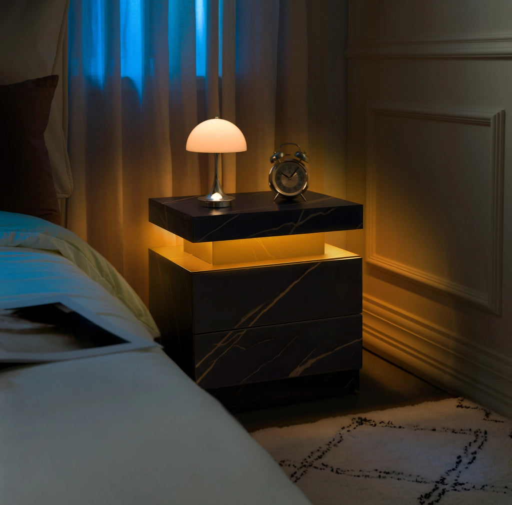 Comodino moderno con luci LED regolabili, 2 cassetti, nero e oro