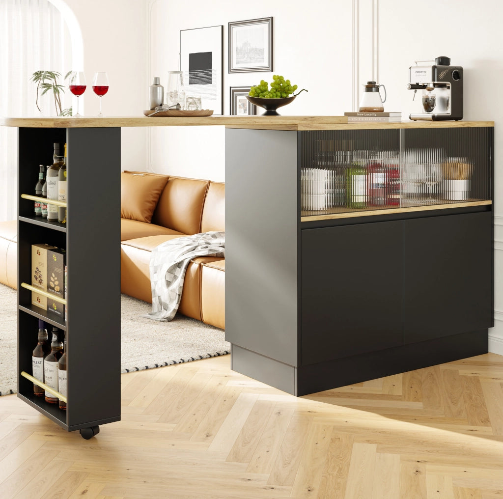 Mobile bar girevole 90x45x100 cm con porta scorrevole in vetro e struttura in MDF nero