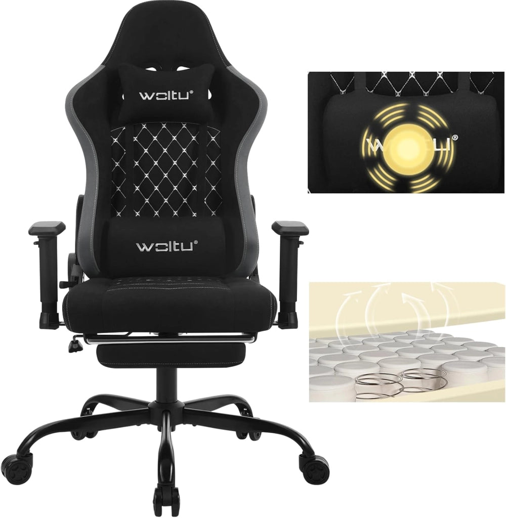 Sedia Gaming con Massaggiatore, Poltrona Ufficio Ergonomica, Sedia da Scrivania reclinabile, Poggiatesta,Supporto Lombare, 150 kg, Tessuto tecnologico, Nero+Grigio