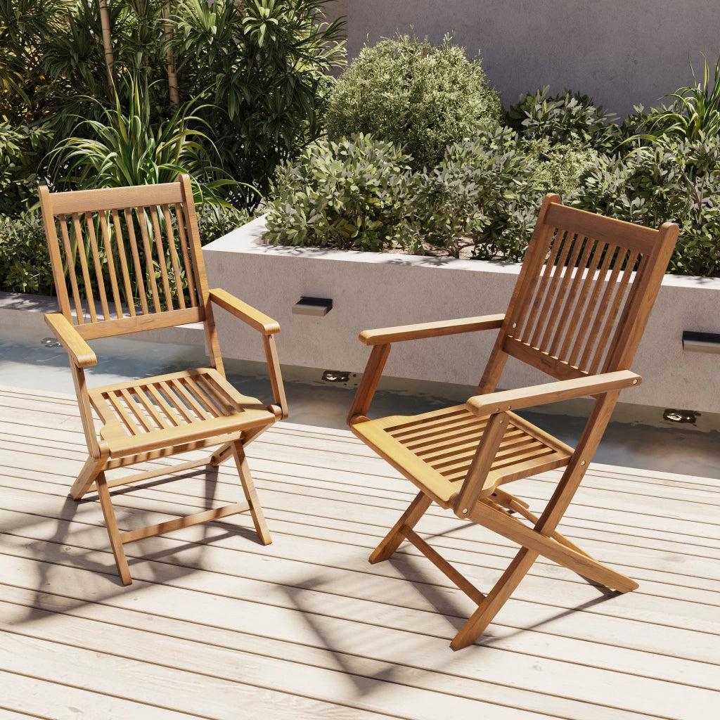 Set Due Sedie In Legno Naturale Di Acacia Pieghevoli Con Braccioli Per Giardino Balcone Patio Piscina Schienale Alto E Seduta A Doghe 91 X 58 X 52 Cm