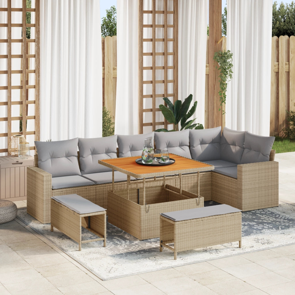 Set di Divano da Giardino a 9 Pezzi con Cuscini Beige Poly Rattan Acacia
