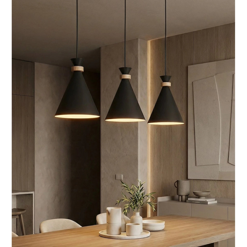Lampada a sospensione Zero in acciaio nero opaco e legno