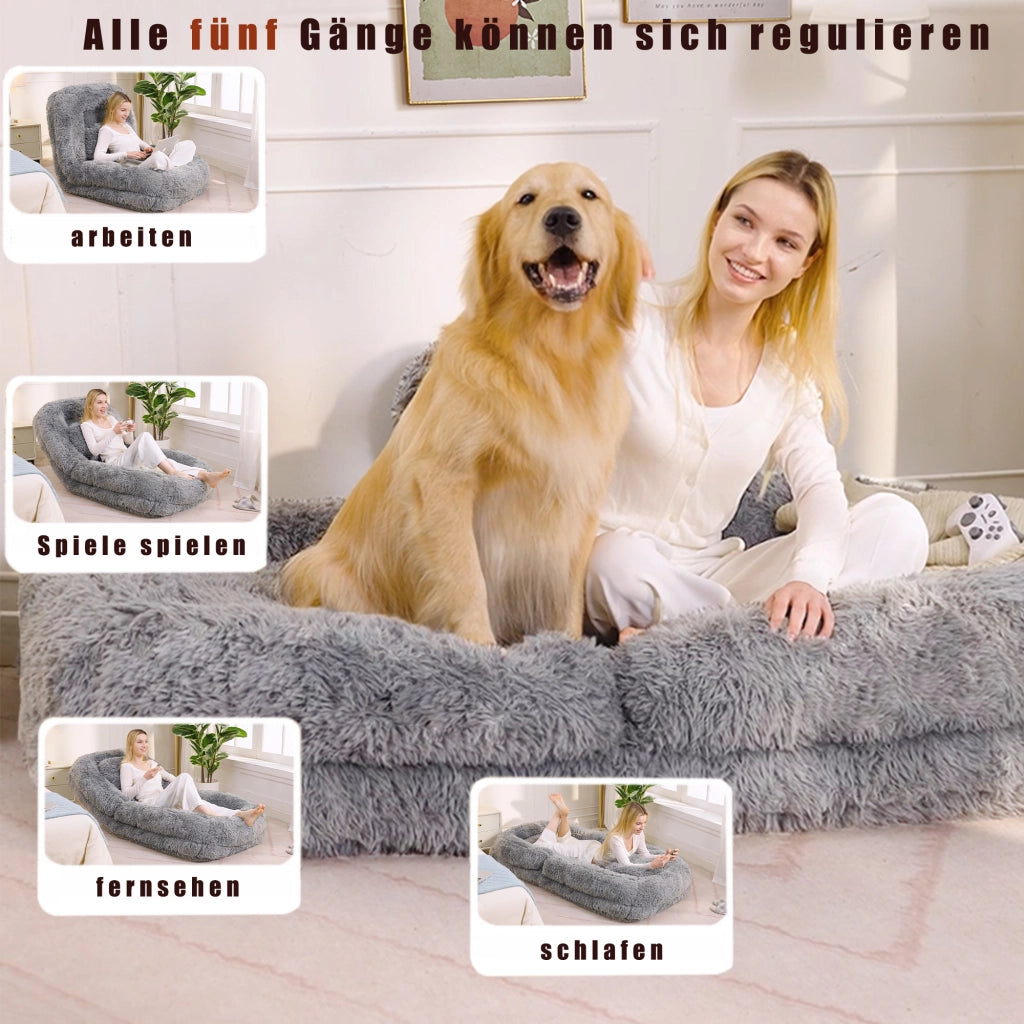 Divano convertibile da pavimento con schienale regolabile a 5 posizioni e cuscino in tessuto peluche grigio chiaro