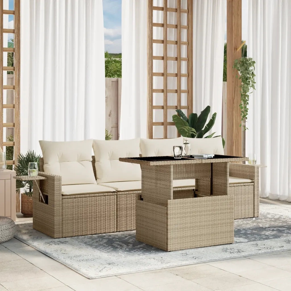 Set Divano da Giardino 5 pz con Cuscini Beige in Polyrattan