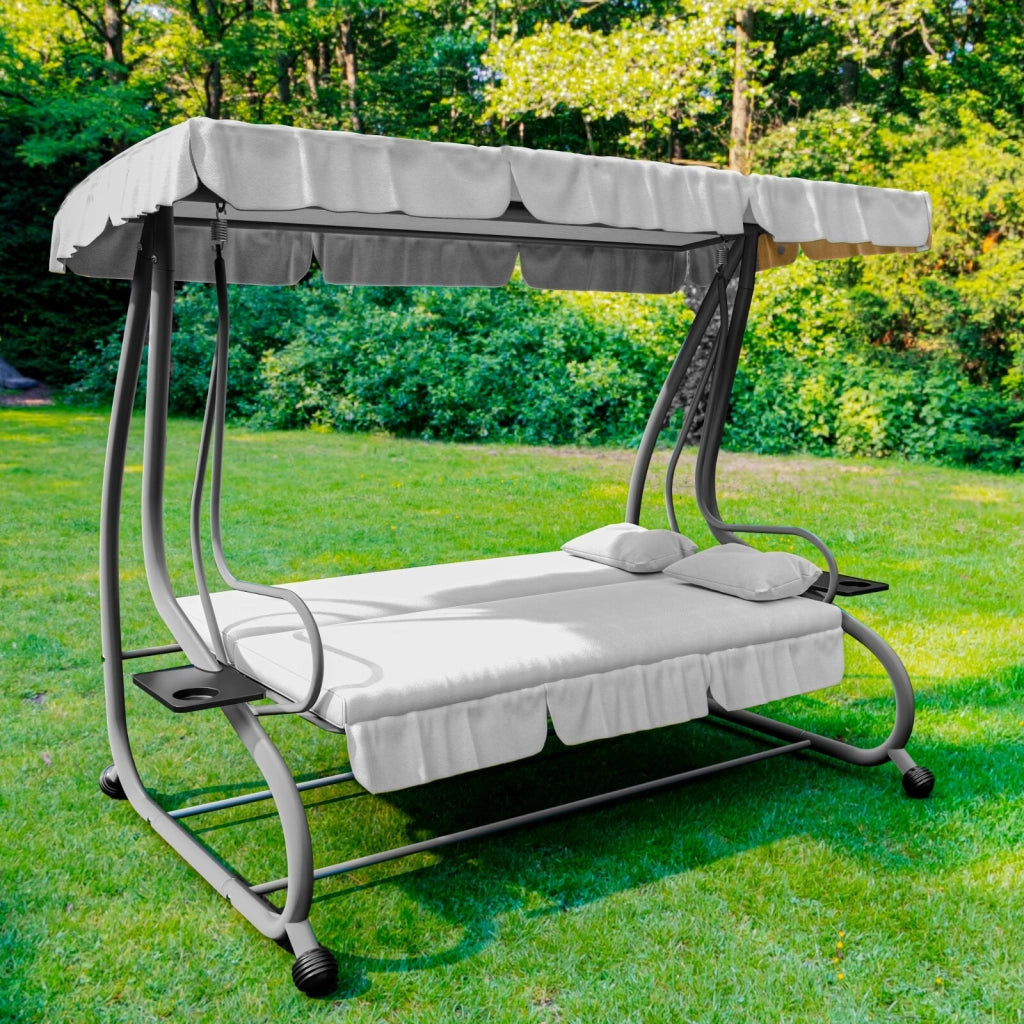 Dondolo 3 Posti Reclinabile Madeira Tettuccio Parasole Regolabile Cuscini Imbottiti Diventa Letto Struttura Robusta In Acciaio Verniciato Giardino Esterno Balcone Terrazzo 200 x 120 x 160 cm Grigio