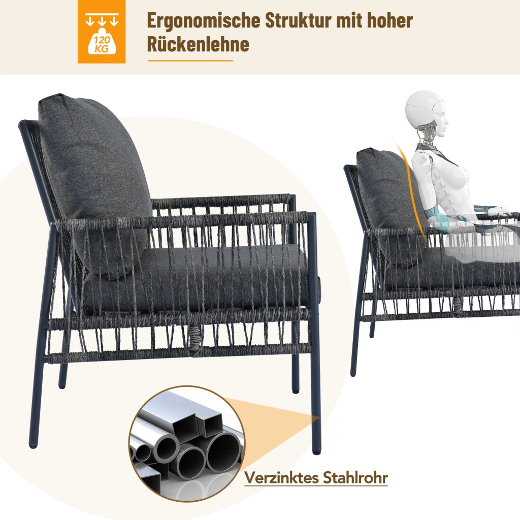 Set mobili giardino 7 posti: rattan PE; acciaio zincato; vetro effetto legno; cuscini lavabili; grigio