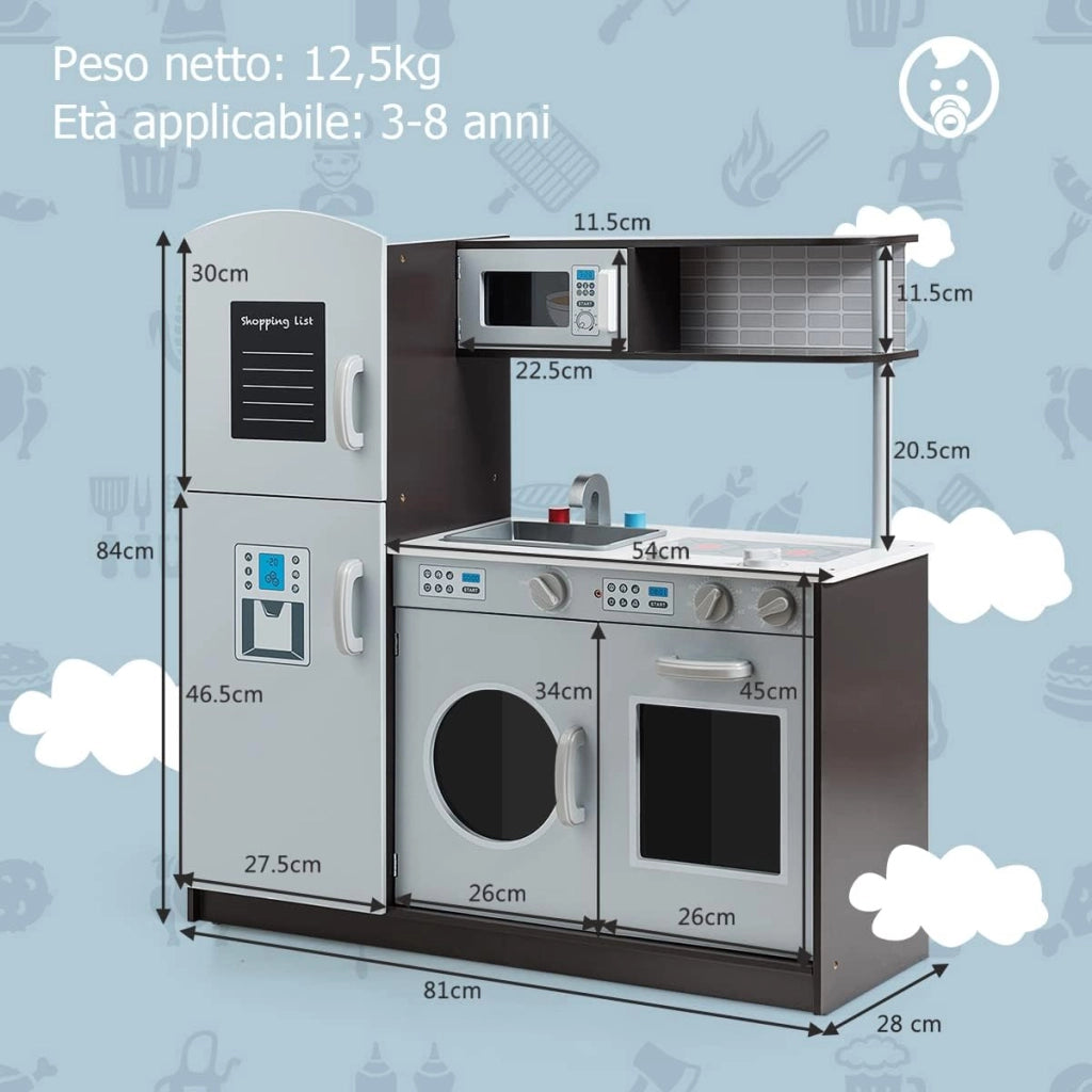 Cucina Giocattolo per Bambini con Frigorifero, Distributore d'acqua, Lavatrice, Forno, Microonde, Lavello e Rubinetto, Funzione Luci e Suoni, 3+ Anni