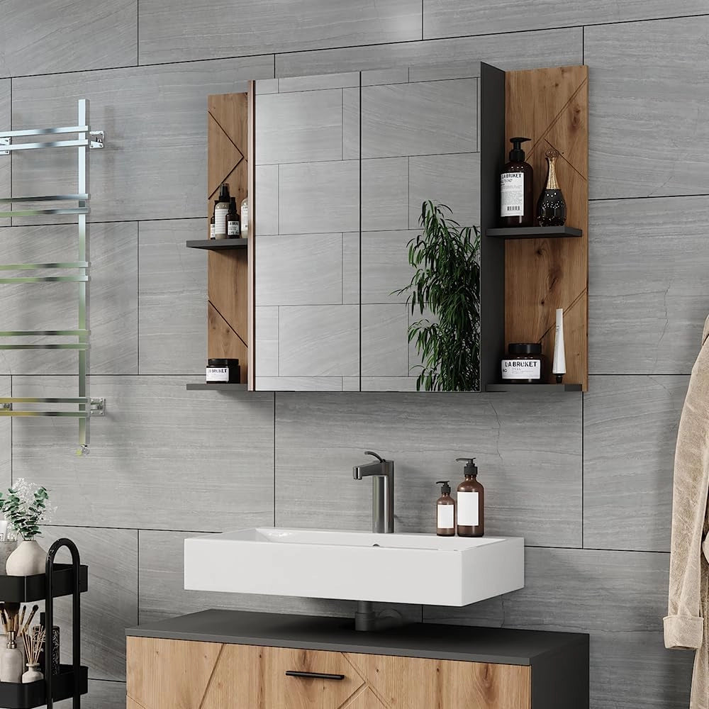 Armadio a specchio per il bagno Irma, Antracite/Artisan, 100 x 75 cm con 2 porte, con specchio e ripiani regolabili