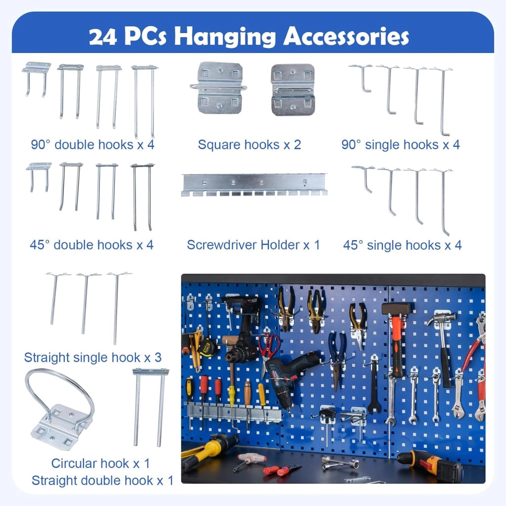 Banco da Lavoro, Organizer per Attrezzi in Metallo con 3 Pannelli Perforati con Kit di 24 Ganci, 2 Cassetti e 2 Ripiani, Banchi da Lavoro per Officina, Garage (Blu, 121 X 61 X 156 CM)