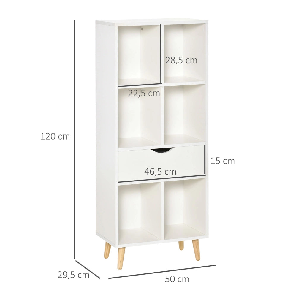 Libreria con cassetto e gambe in legno 6 scomparti aperti ¨C zephmum ¨C 50x29.5x120 cm bianco