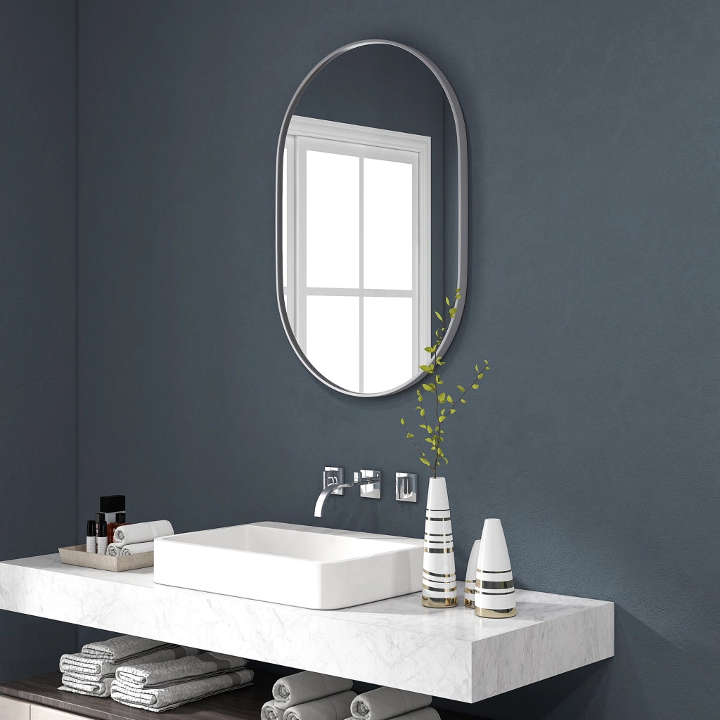 Specchio Bagno da Parete Ovale con Cornice in Alluminio ¨C zephmum ¨C Argento 60x90 cm