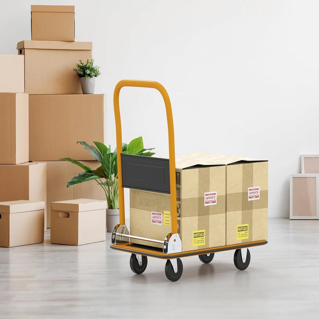 Carrello Pieghevole con Ruote, Carrello a Piattaforma da Transporto, Capacità 150 KG, con Piattaforma Antiscivolo, per Trasporto, Movimentazione, Demenagement, 73 X 48 X 83 CM (Nero+Giallo)