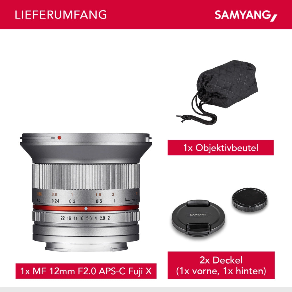 Obiettivo grandangolare a focale fissa 12mm F2.0 APS-C compatibile con Fuji X - APS-C, MF - per fotocamera X-T5, X-H2, X-H2s, X-T4, X-T30, X-T30 II, X-T200, X-Pro3, X-A7, X-T100, X-T3 Argento