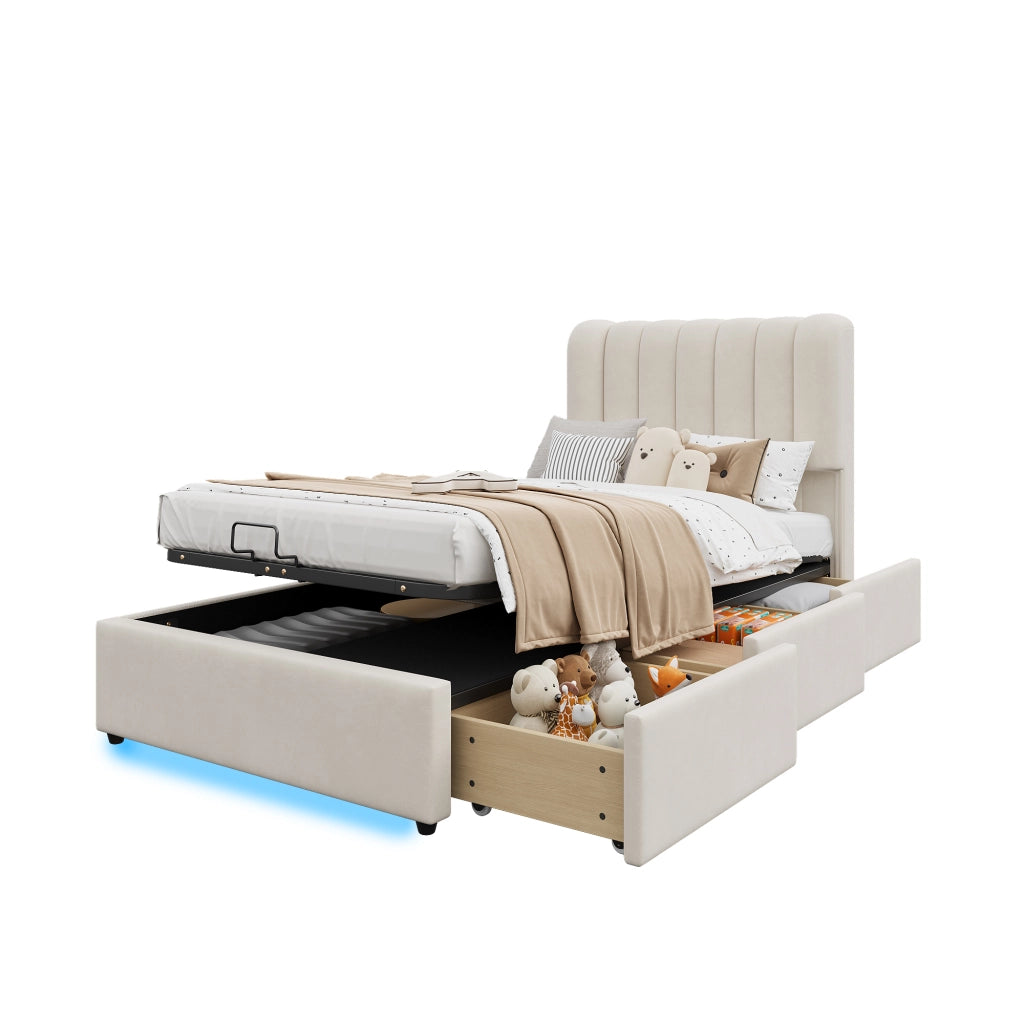 Letto con Cassetti 90 x 200 cm; Letto Singolo - Contenitore; 3 Cassetti e LED - Beige