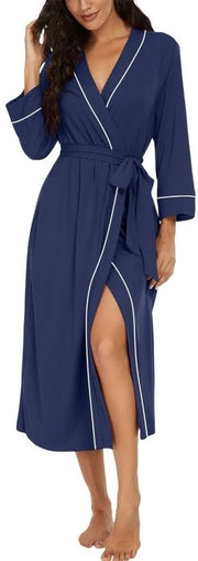 Kimono da donna leggero 3/4 maniche, abito da camera da letto lungo, abbigliamento da casa informale per sauna (blu marino, L)