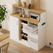 Credenza 120x40x121 cm con LED e presa integrata; MDF bianco e naturale