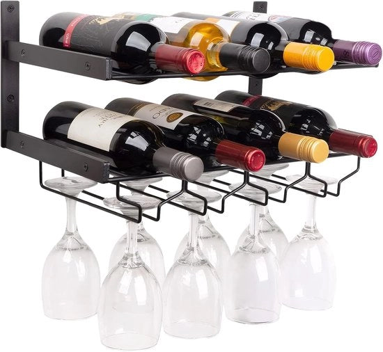 Wijnrek metallico a 2 livelli con contenitore per bicchieri - 8 bottiglie - 26,5 x 45 cm