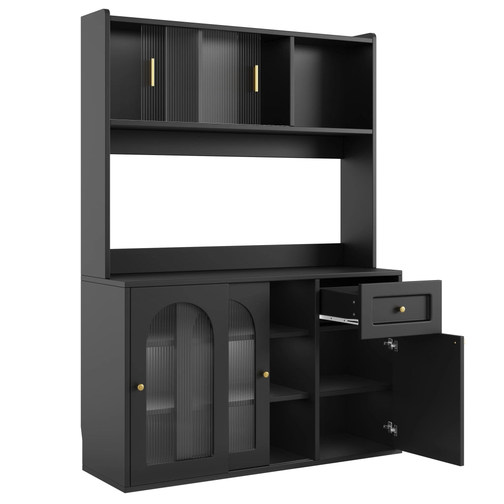 OKWISH Madia Alta Vetrina con Ante Scorrevoli in Vetro e Ripiani Regolabili, LED, per Cucina, Nero, 120×35×167 cm