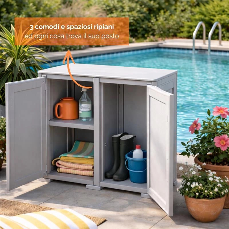 ARMADIO DA ESTERNO COPERTO GRIGIO 2 RIPIANI 79X43X85,5 CM CON MODULO E RIPIANO – MOBILE ORGANIZZATORE COMPATTO