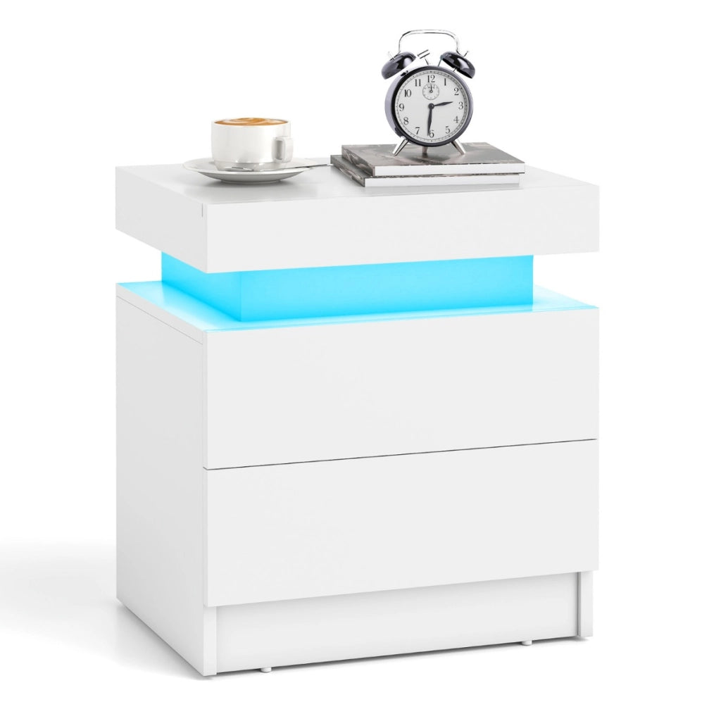 Comodino con luci a LED 2 cassetti, Tavolino da divano moderno con finitura lucida effetto marmo 45x35x52cm Bianco-Comodini