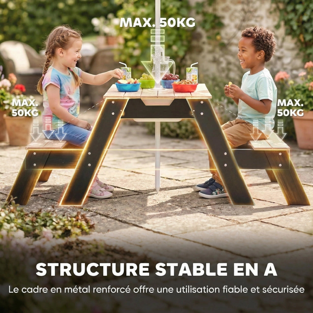 Set da Giardino per Bambini con Parasole e 2 Panche ¨C Zephmum ¨C Legno Naturale 3-6 Anni