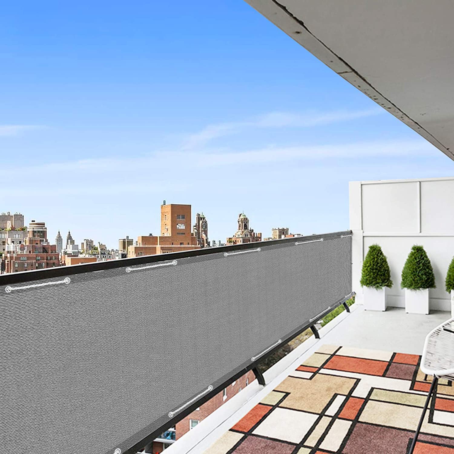 Telo Copribalcone Tinta Unita 90 x 500 Cm HDPE UV Frangivento Con Occhielli e 24 Metri Corda Schermo Privacy Terrazzo Frangivista Recinzione Copri Ringhiera Balconi Antipioggia - Grigio