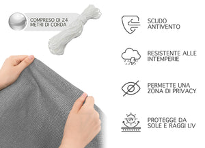 Telo Copribalcone Tinta Unita 90 x 500 Cm HDPE UV Frangivento Con Occhielli e 24 Metri Corda Schermo Privacy Terrazzo Frangivista Recinzione Copri Ringhiera Balconi Antipioggia - Grigio