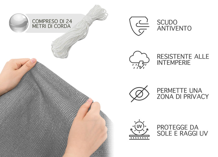 Telo Copribalcone Tinta Unita 90 x 500 Cm HDPE UV Frangivento Con Occhielli e 24 Metri Corda Schermo Privacy Terrazzo Frangivista Recinzione Copri Ringhiera Balconi Antipioggia - Grigio