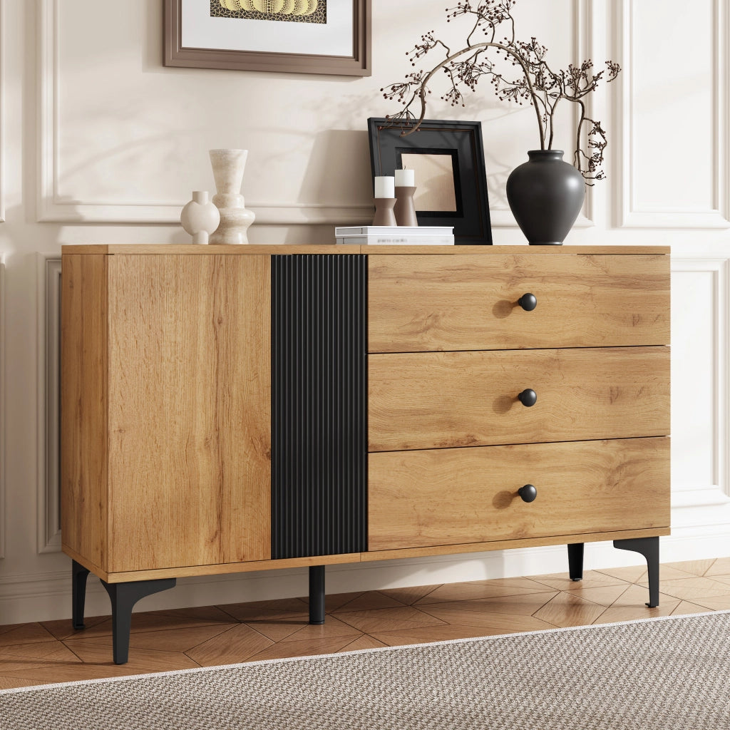 Credenza Moderna Legno e Nero Mobile Buffet 120 cm con 3 Cassetti e Anta
