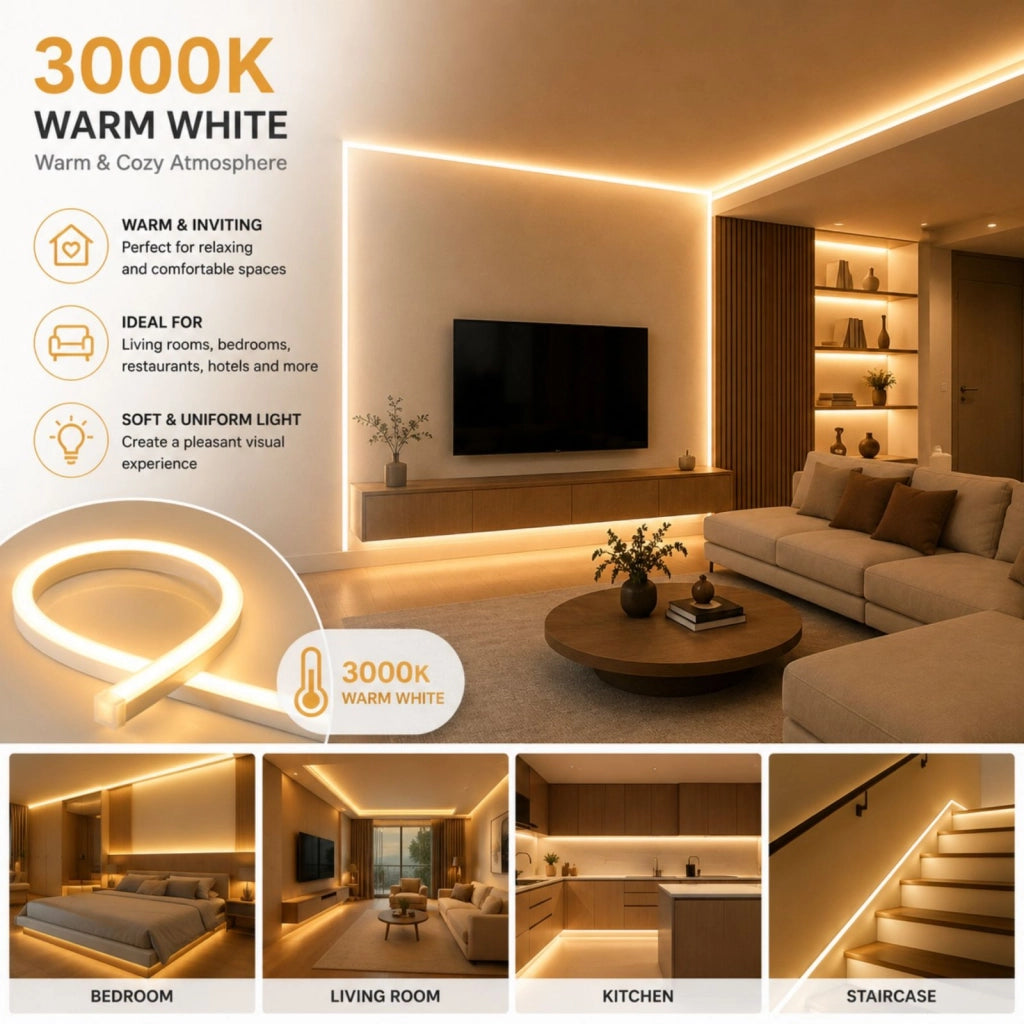 24V Bobina Striscia Led Neon Flex Da Incasso 10X10mm, 100 Metri, IP65 11W/M 660lm/M, Tagliabile Dove Vuole (Bianco Caldo 3000K)