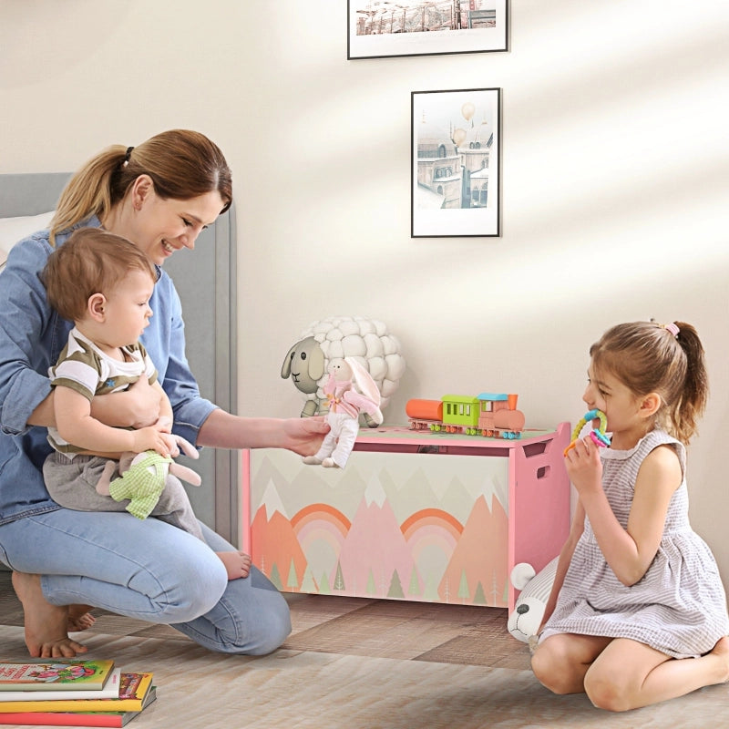 Cassa porta giochi per bambini in legno, rosa, 60 x 37 x 39 cm, con coperchio a cerniera di sicurezza