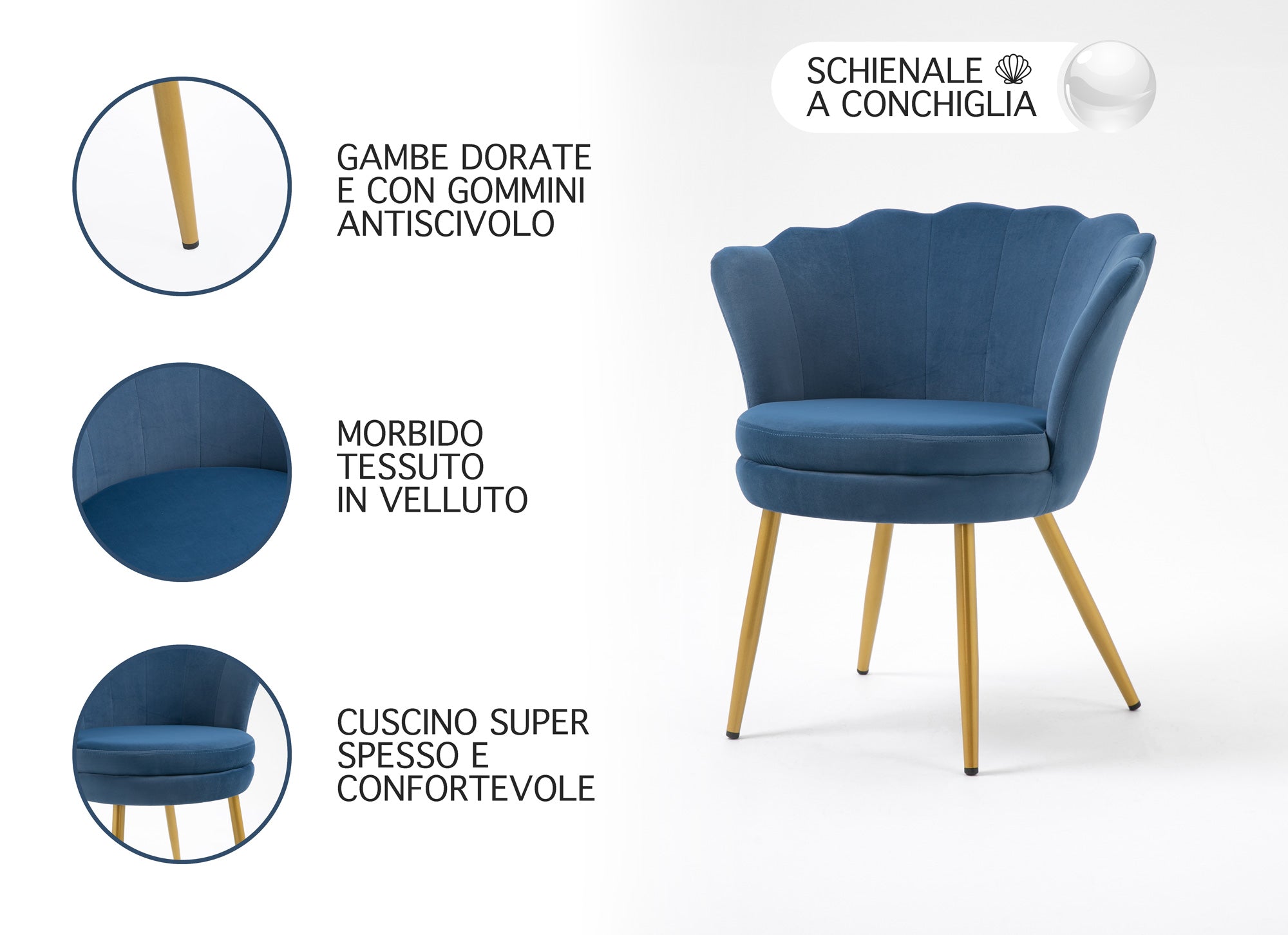 Poltrona Conchiglia Camera da Letto in Velluto Design Moderno Maddina Blu