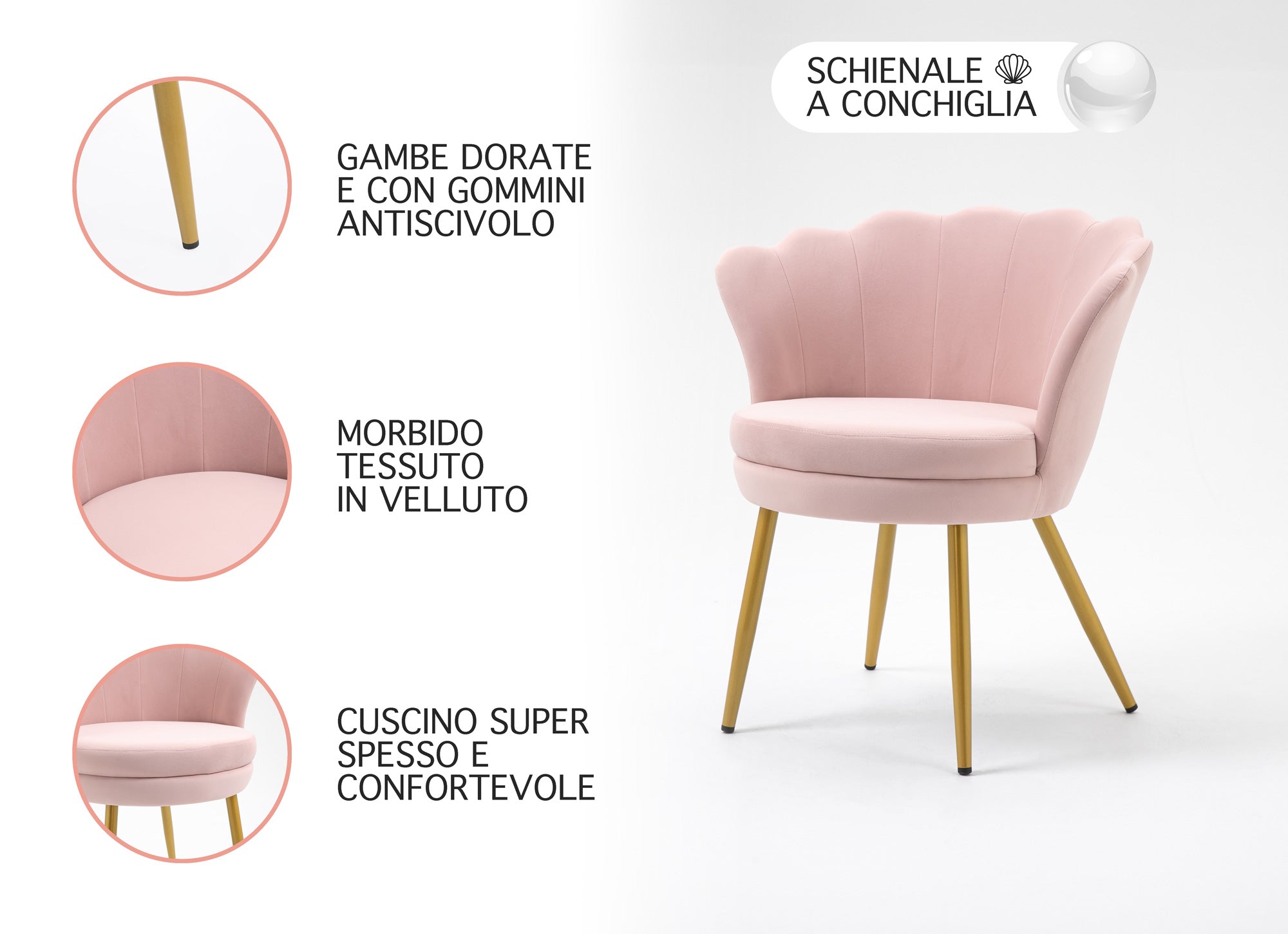 Poltrona Conchiglia Camera da Letto in Velluto Design Moderno Maddina RosaCipria