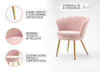 Poltrona chiglia Camera da Letto in Velluto Design Moderno, Sedia Classica  - Poltroncina per Salotto  Seduta Morbida Imbottita Modello Maddina - RosaAntico