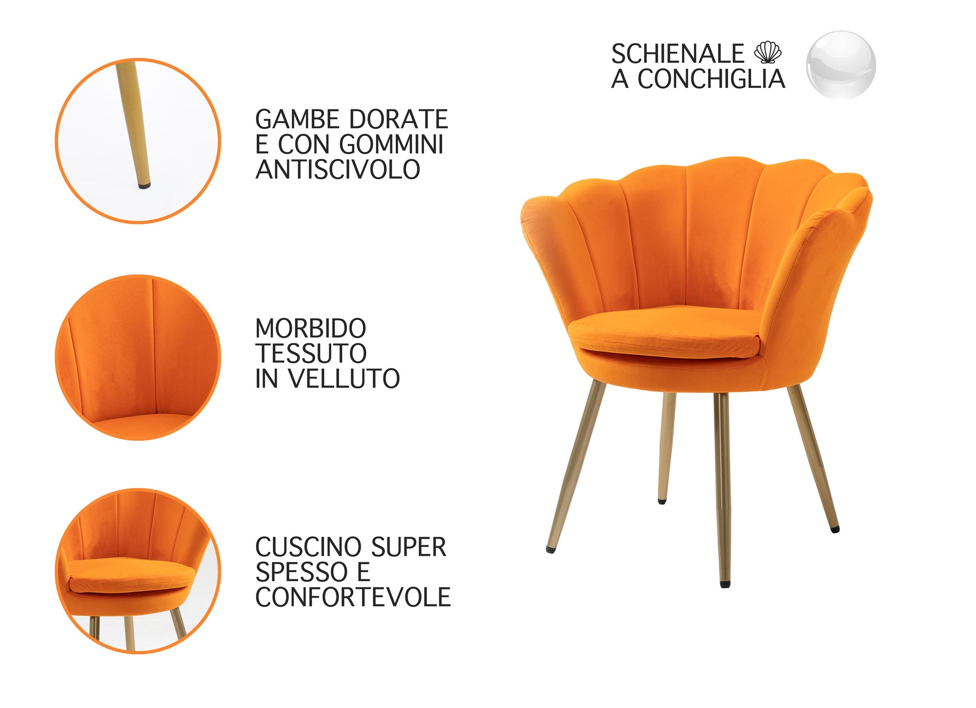 Poltrona chiglia Camera da Letto in Velluto Design Moderno, Sedia Classica  - Poltroncina per Salotto  Seduta Morbida Imbottita Modello Maddina - Mandarino