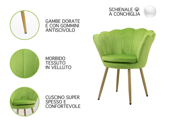 Poltrona chiglia Camera da Letto in Velluto Design Moderno, Sedia Classica  - Poltroncina per Salotto  Seduta Morbida Imbottita Modello Maddina - VerdeAcido
