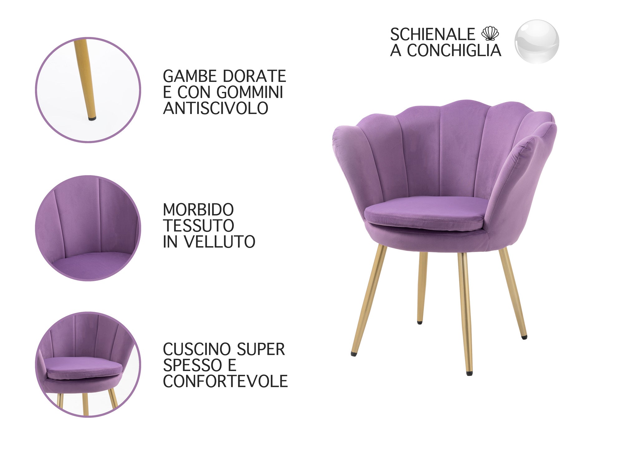 Poltrona Conchiglia Camera da Letto in Velluto Design Moderno Maddina Violetto