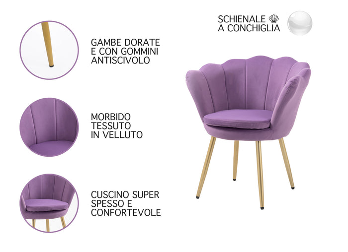 Poltrona Conchiglia Camera da Letto in Velluto Design Moderno Maddina Violetto