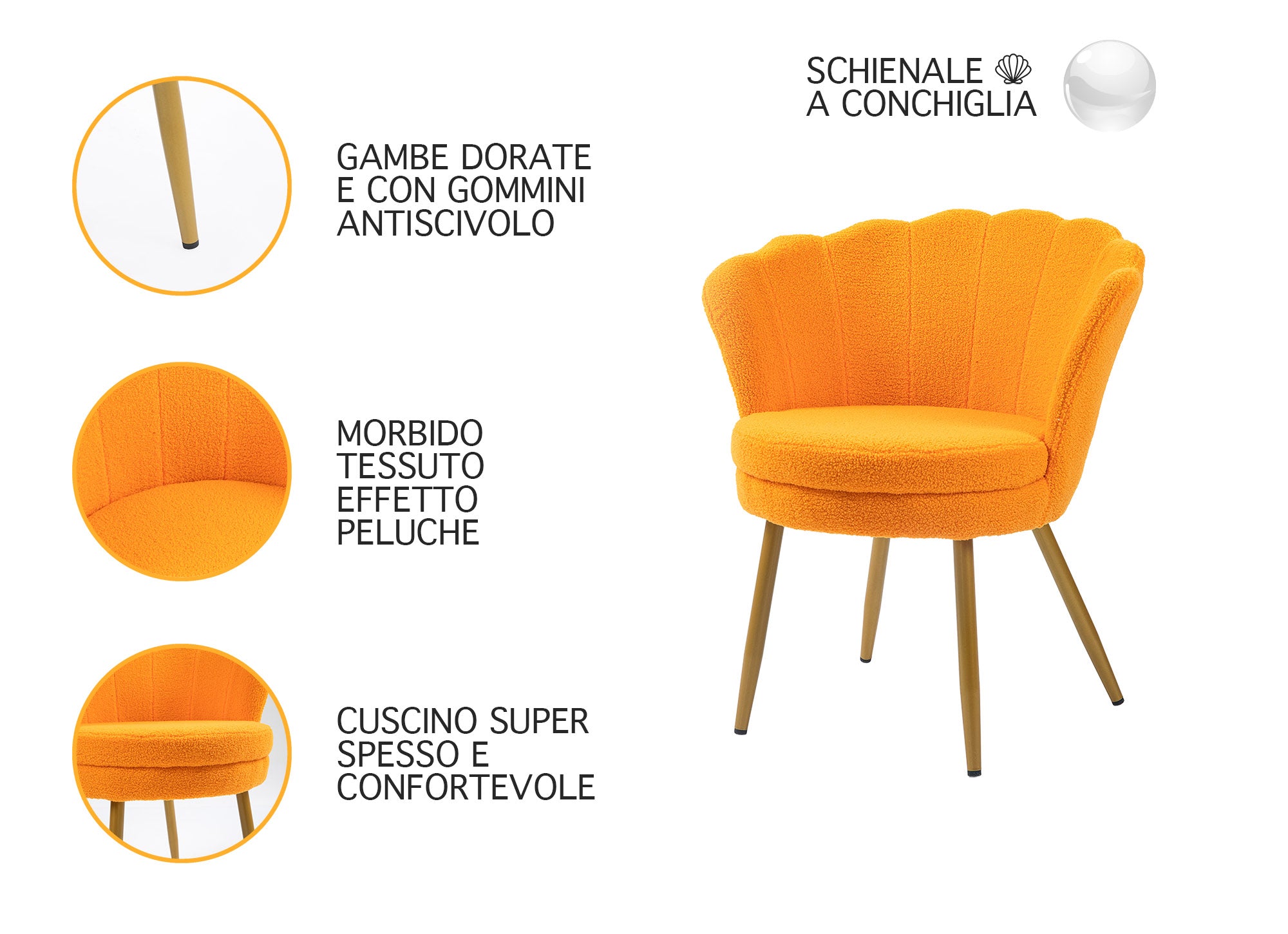 Poltrona Conchiglia Camera da Letto in Velluto Design Moderno Maddina TeddyOrange