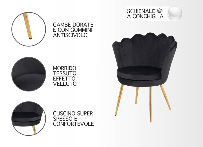 Poltrona Conchiglia Camera da Letto in Velluto Design Moderno Maddina Nero