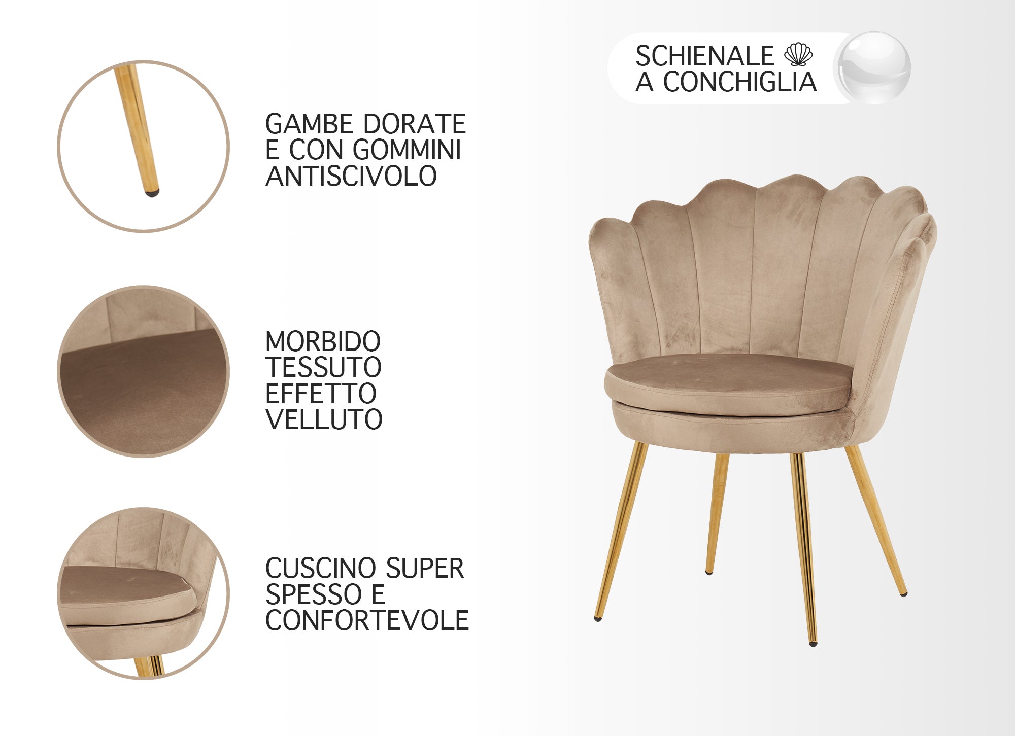 Poltrona Conchiglia Camera da Letto in Velluto Design Moderno Maddina Tortora